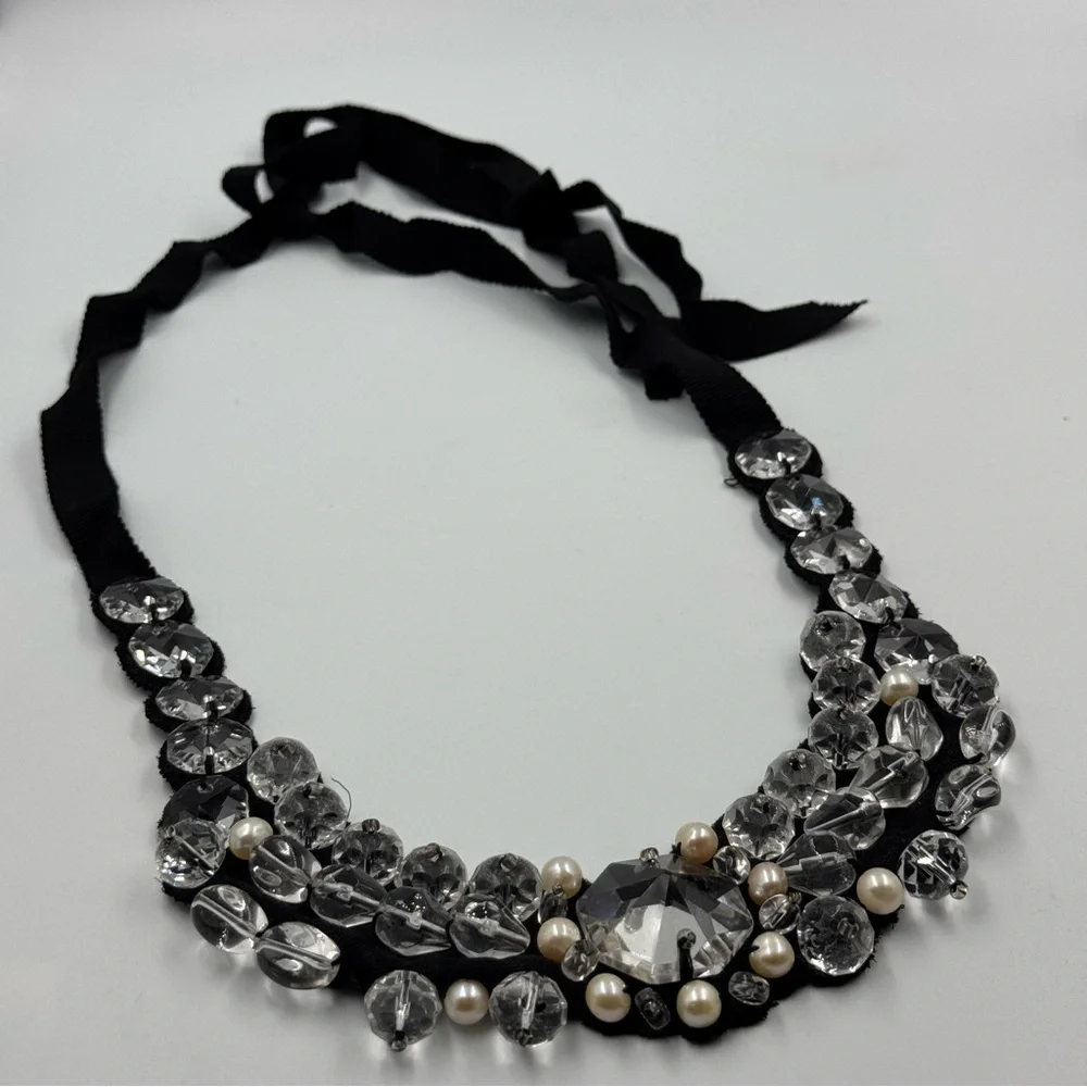 RK by Rajana Khan Swarovski Crystal and Simulated Pearl Bib Necklace Long 2010